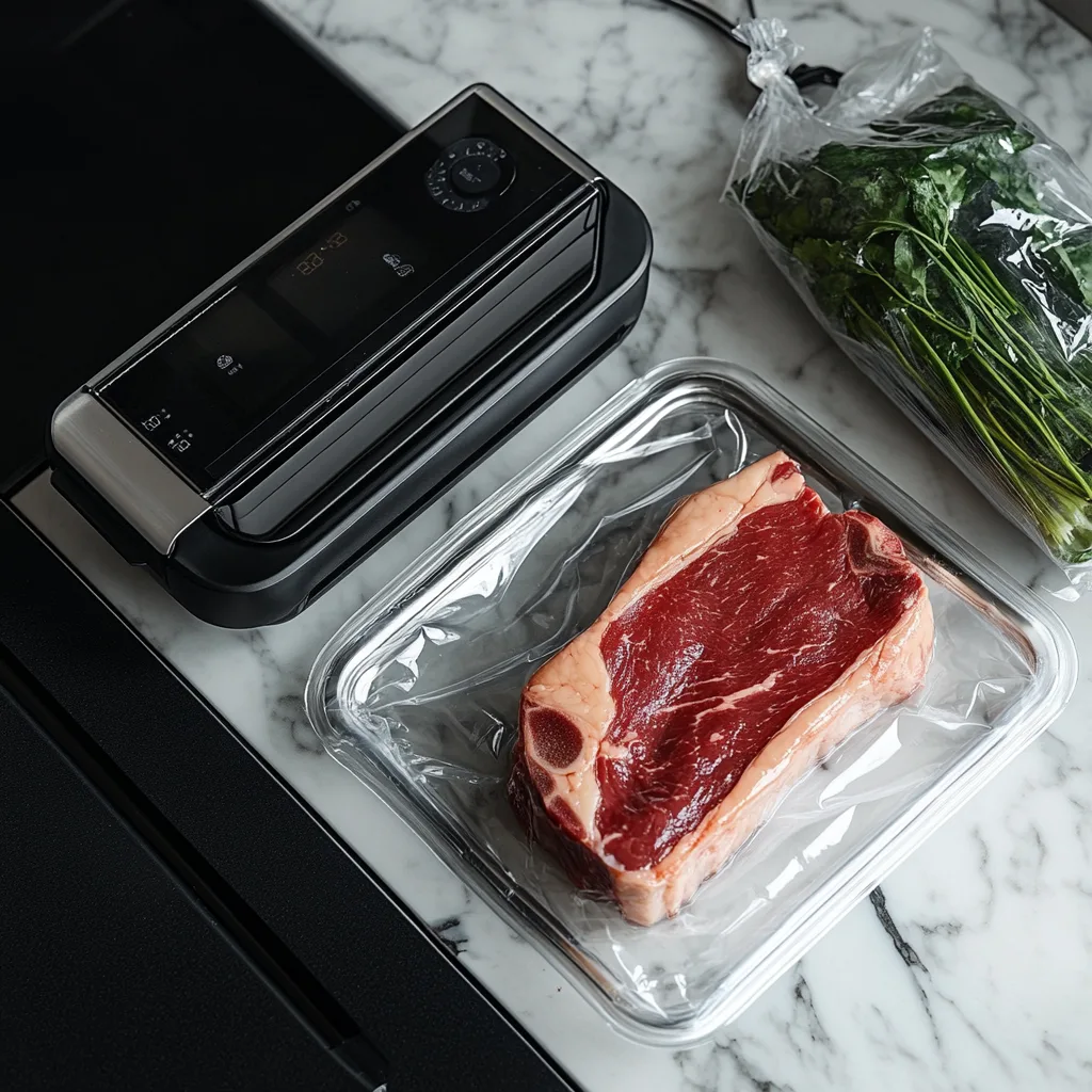 sous vide tools and vacuum-sealed filet mignon