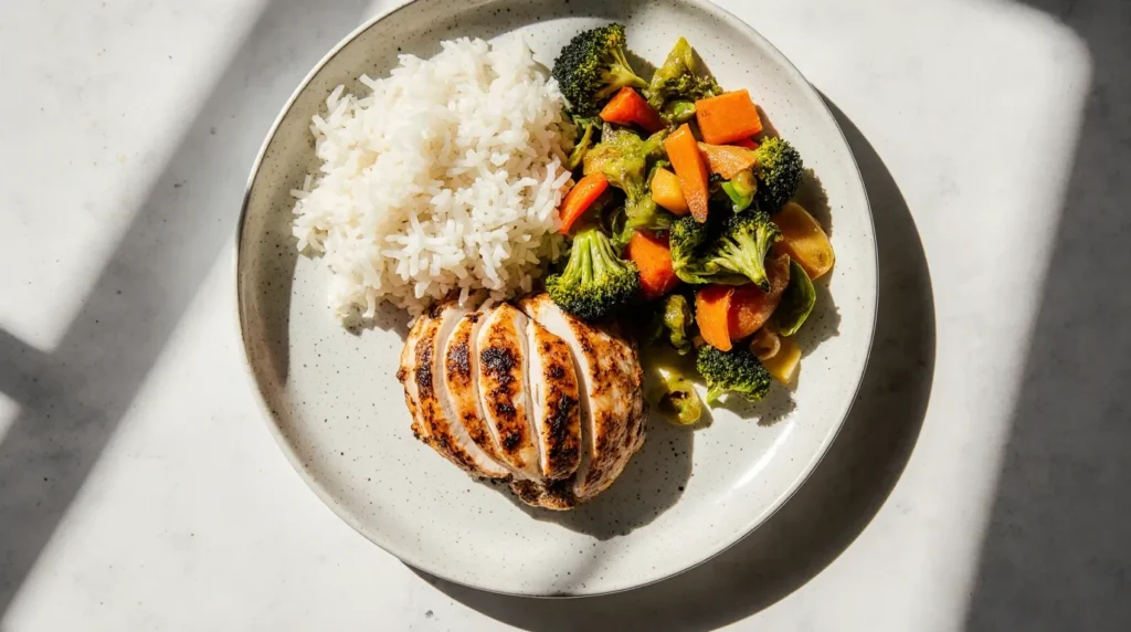 6 oz chicken breast meal with rice and vegetables on a plate