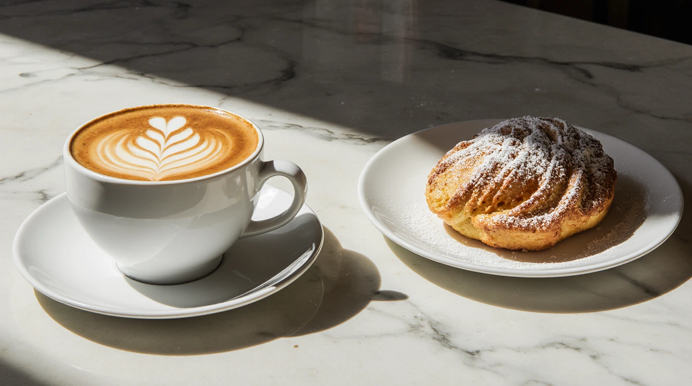 Italian breakfast with cornetto and cappuccino on a café counter