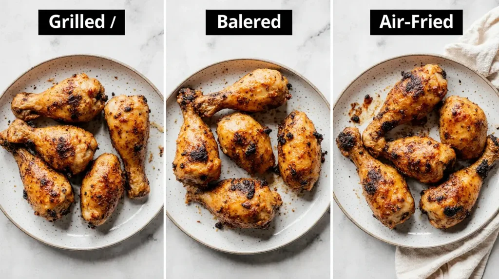 Grilled baked and air fried chicken drumsticks cooking methods collage for high protein meals