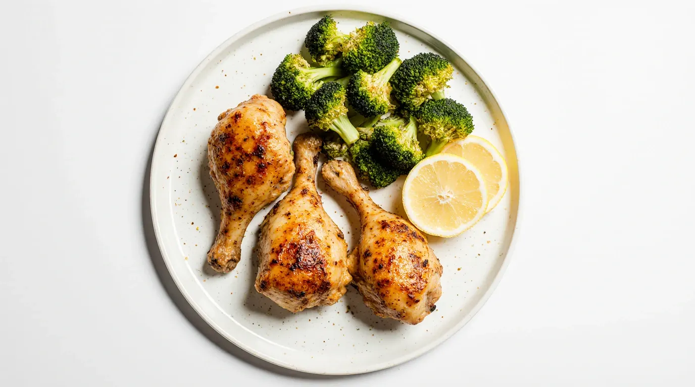 Crispy baked chicken drumsticks high protein meal with broccoli on a white plate