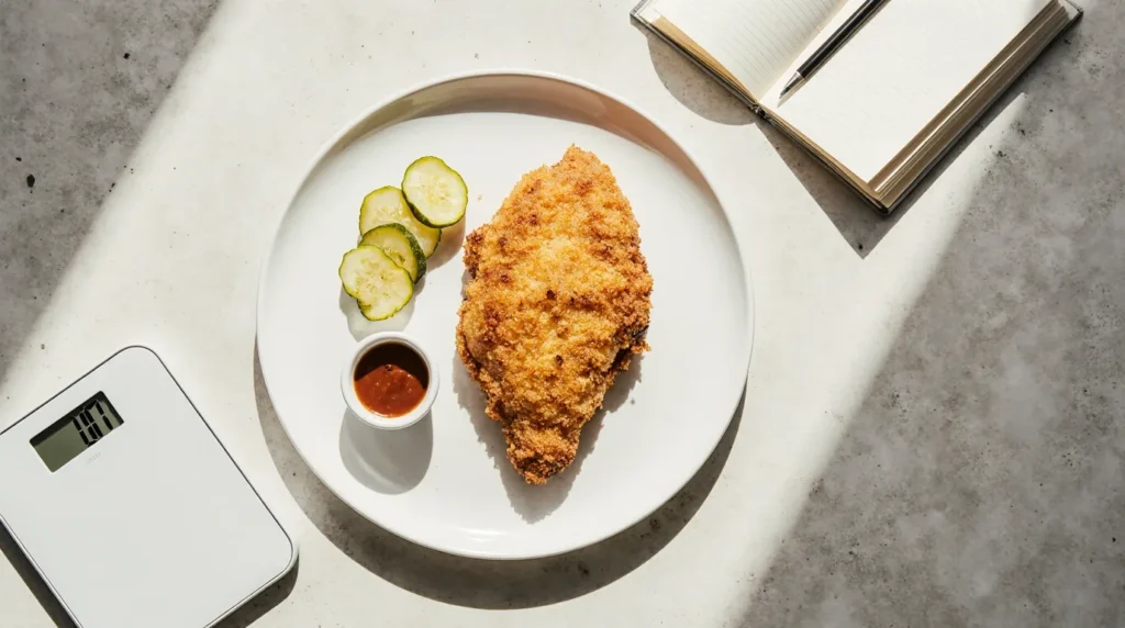 Calories in fried chicken breast shown with fried chicken on a plate and a kitchen scale