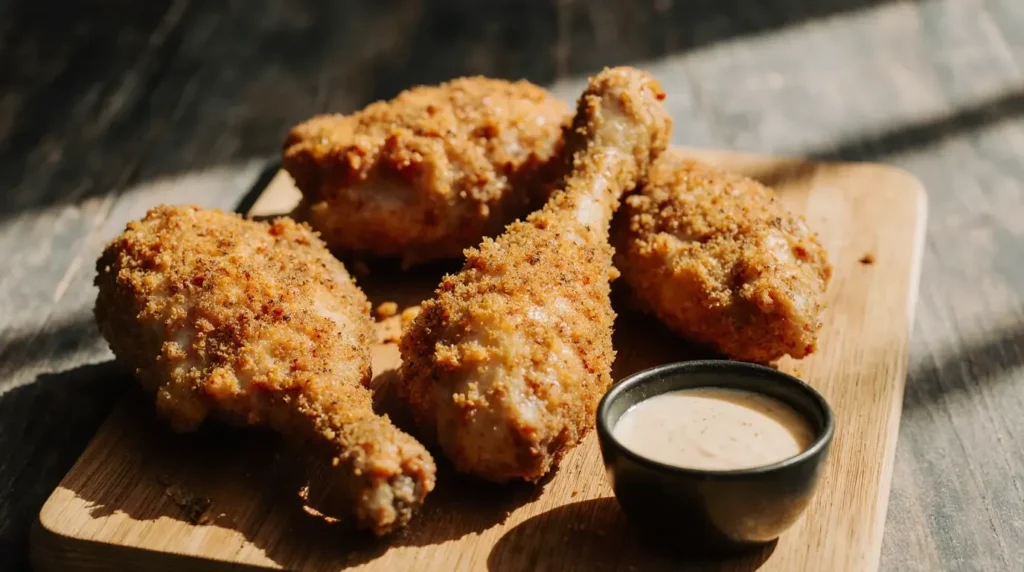 fried chicken kcal with crispy breaded chicken pieces on a wooden board
