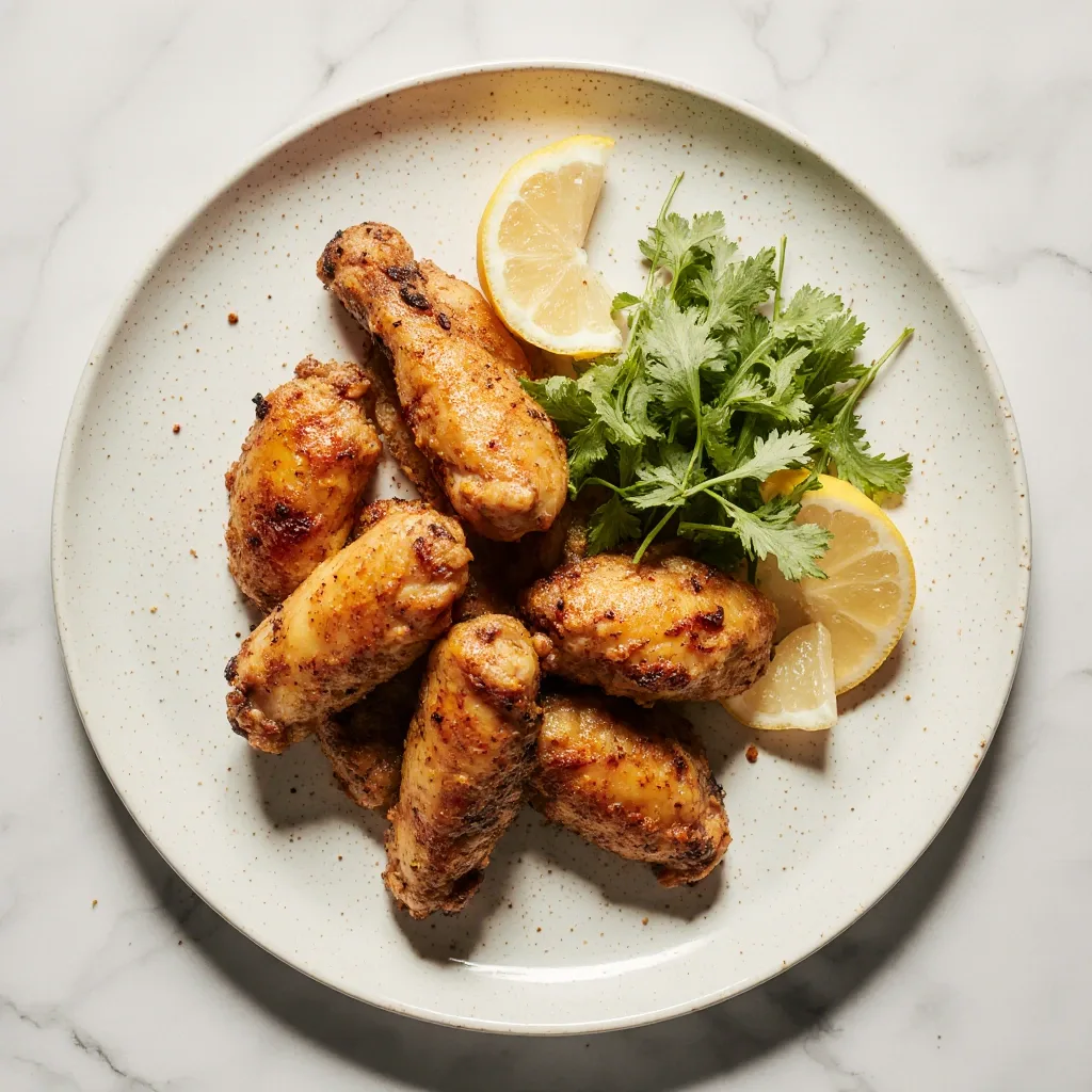 Healthy baked chicken wings served on a plate with vegetables